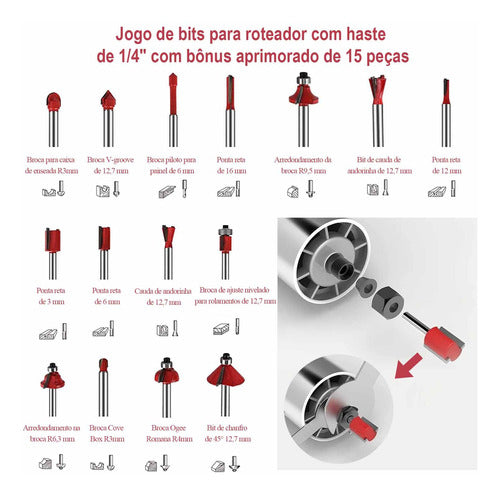 Kit Tupia Manual Laminadora 800w 6mm + Jogo De Fresas 15 Pcs