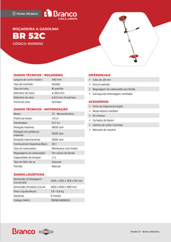 Roçadeira Multifuncional Branco 52cc Aparador 7x1 + Complet