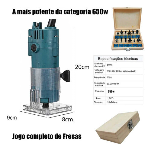 Kit Tupia Manual Laminadora 6mm 650w + Jogo Fresas D Madeira