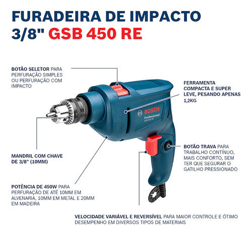 Furadeira De Impacto Gsb 450 Re 450w 3/8pol 127v Bosch