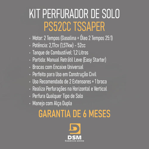 Perfurador De Solo A Gasolina 52cc + Broca 80x20 Cm Tssaper