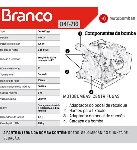 Motobomba A Gasolina Branco B4t716 6,5cv 36000 L/h Alta Pres