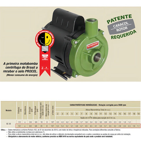 Bomba Centrífuga 0,5 Cv (1/2) Monofásica Bc-98 Schneider 1