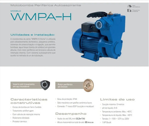 Motobomba Periférica Poço Auto Aspirante Wmpa37h 1/2cv Cla